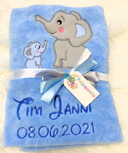 Babydecke mit Namen bestickt -Elefanten Blau- Kuscheldecke