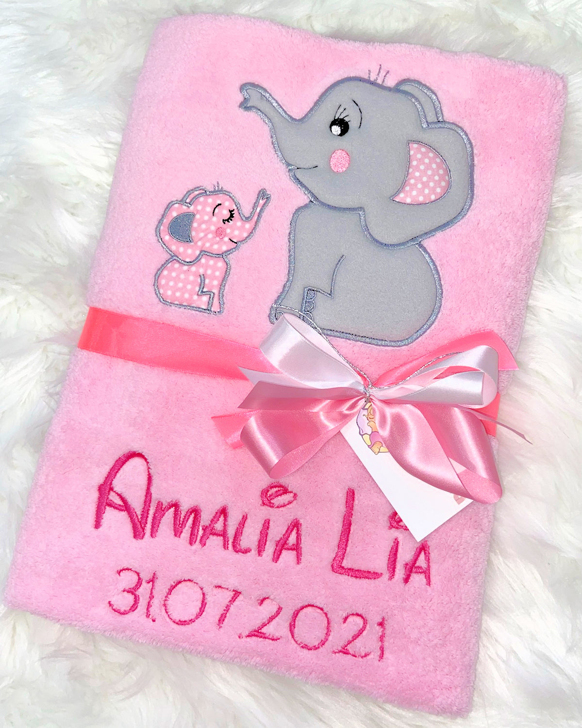 Babydecke mit Namen bestickt -Elefanten Rosa- Kuscheldecke