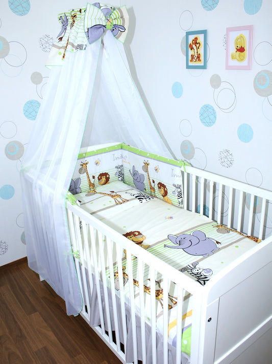 Baby Bettset -Safari in Grün - 5-11 teilig mit Chiffon Himmel