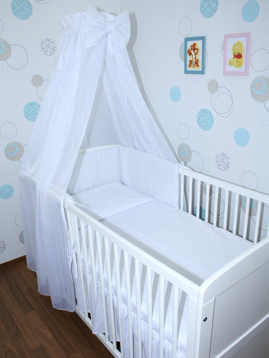 Baby Bettset für Bett 70 x 140 cm-Weiß - 5-11 teilig mit Chiffon Himmel