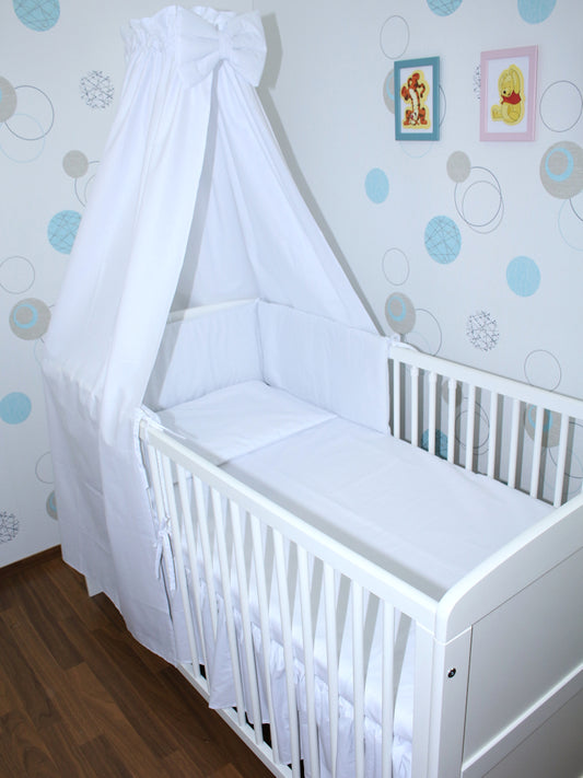 Baby Bettset - Weiß - 5-11 teilig mit Vollstoff Himmel