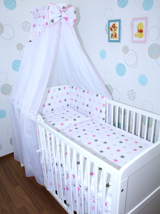 Baby Bettset -Star in Rosa - 5-11 teilig mit Chiffon Himmel