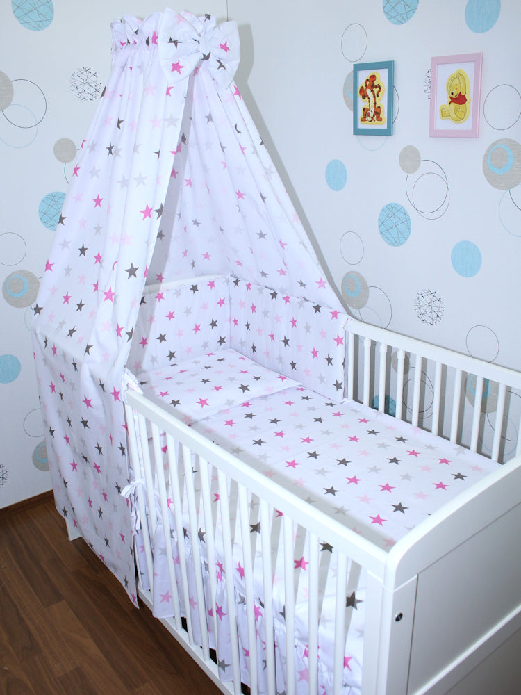 Baby Bettset - Star in Rosa - 5-11 teilig mit Vollstoff Himmel