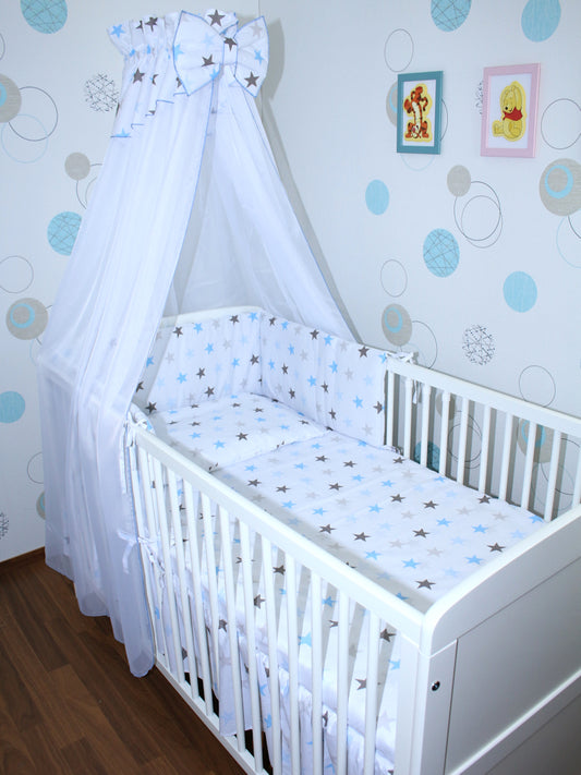 Baby Bettset -Star in Blau - 5-11 teilig mit Chiffon Himmel