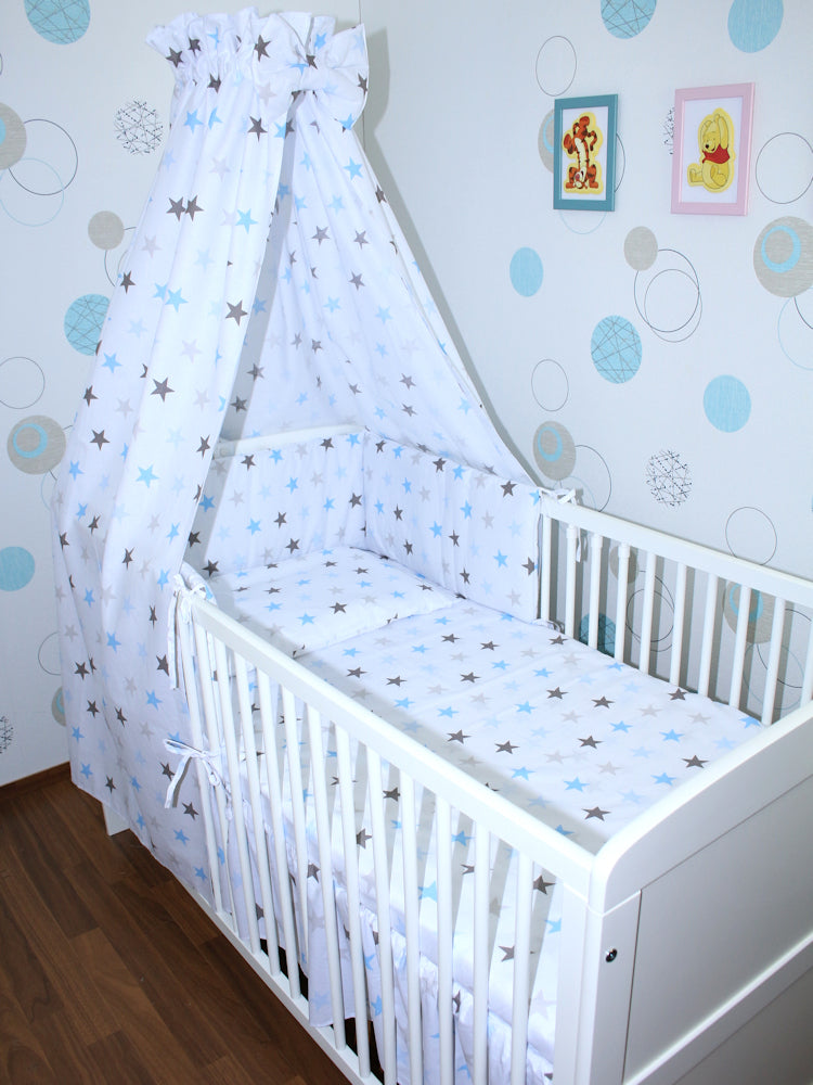 Baby Bettset - Star in Blau - 5-11 teilig mit Vollstoff Himmel