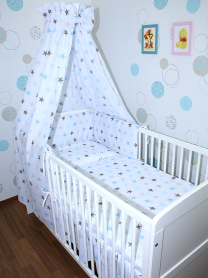 Baby Bettset - Star in Blau - 5-11 teilig mit Vollstoff Himmel