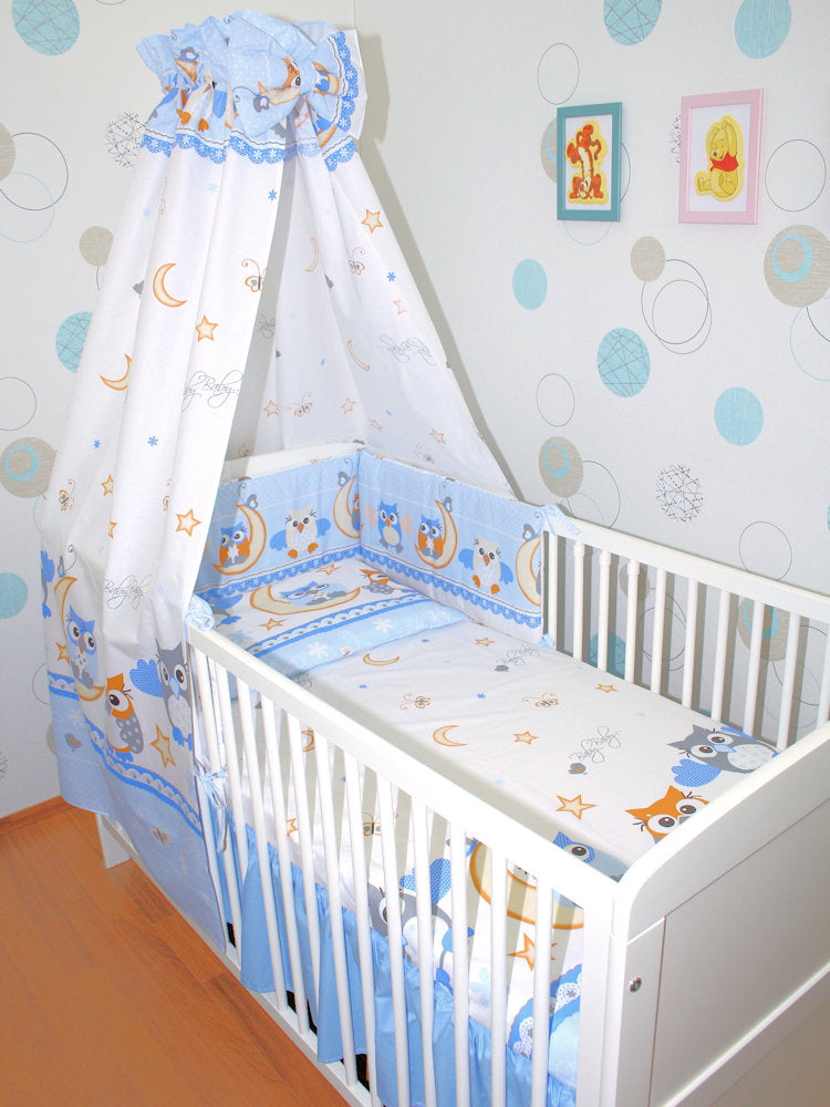 Baby Bettset - Eule in Blau - 5-11 teilig mit Vollstoff Himmel