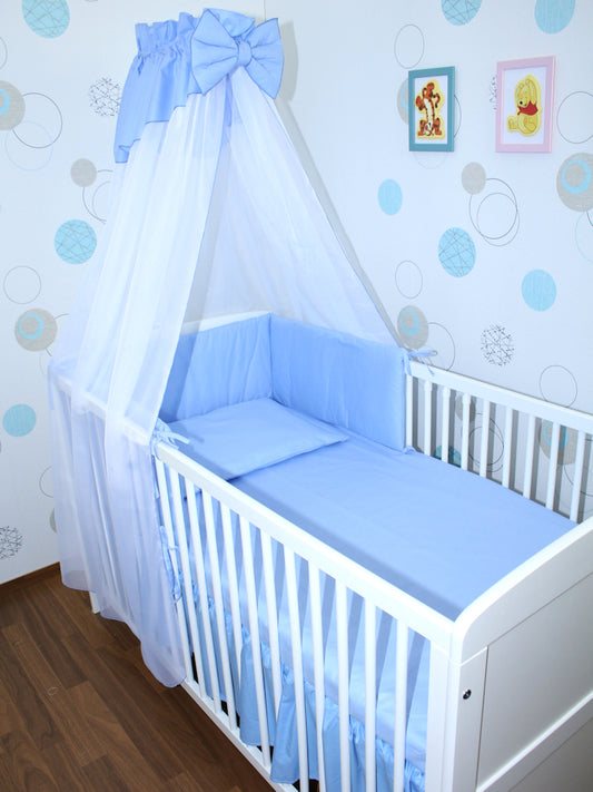 Baby Bettset - Blau - 5-11 teilig mit Chiffon Himmel