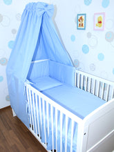 Lade das Bild in den Galerie-Viewer, Baby Bettset - Blau - 5-11 teilig mit Vollstoff Himmel
