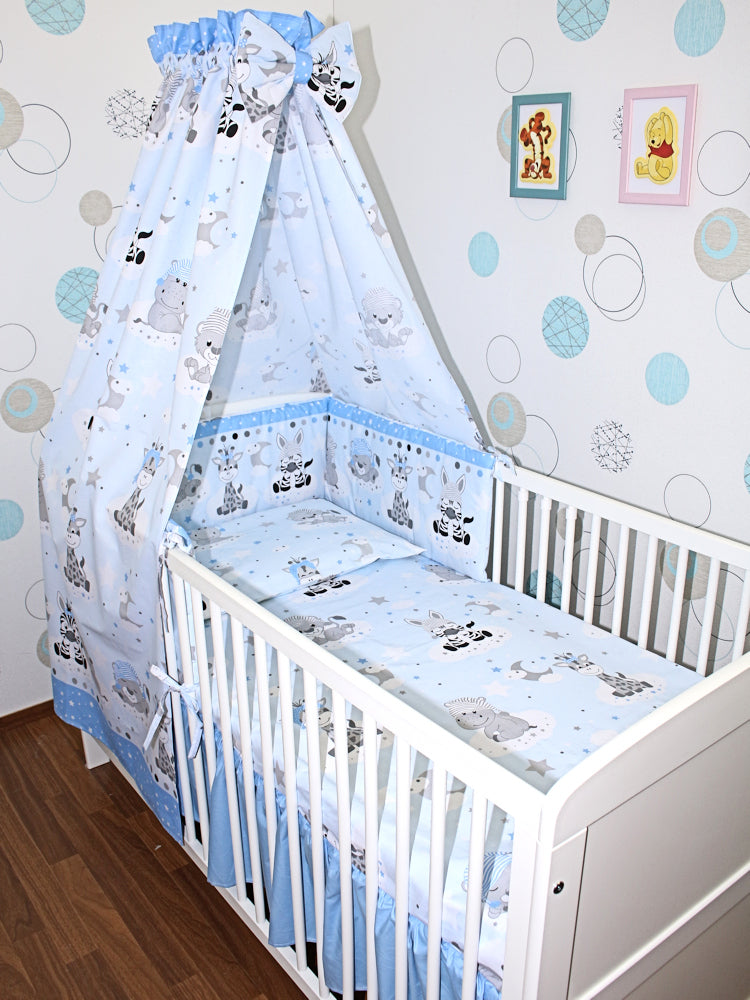 Baby Bettset - Zoo in Blau - 5-11 teilig mit Vollstoff Himmel