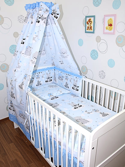 Baby Bettset - Zoo in Blau - 5-11 teilig mit Vollstoff Himmel