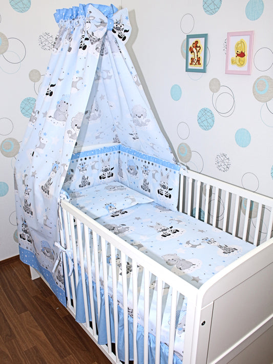 Baby Bettset - Zoo in Blau - 5-11 teilig mit Vollstoff Himmel