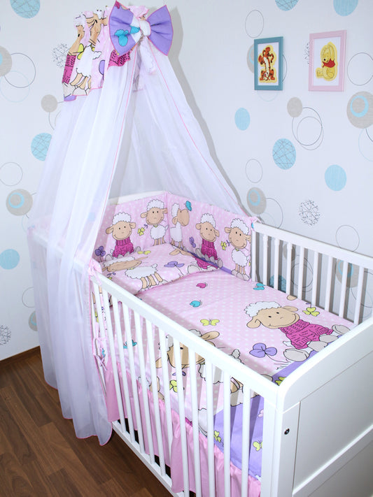 Baby Bettset - Schaf in Rosa - 5-11 teilig mit Chiffon Himmel