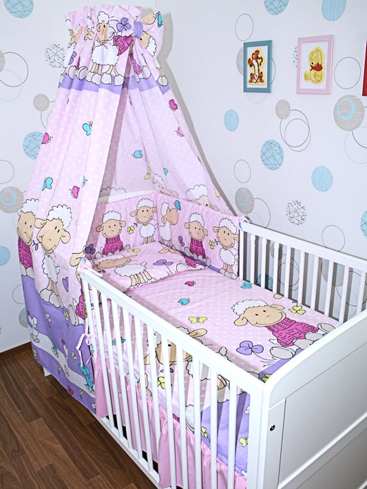 Baby Bettset - Schaf in Rosa - 5-11 teilig mit Vollstoff Himmel