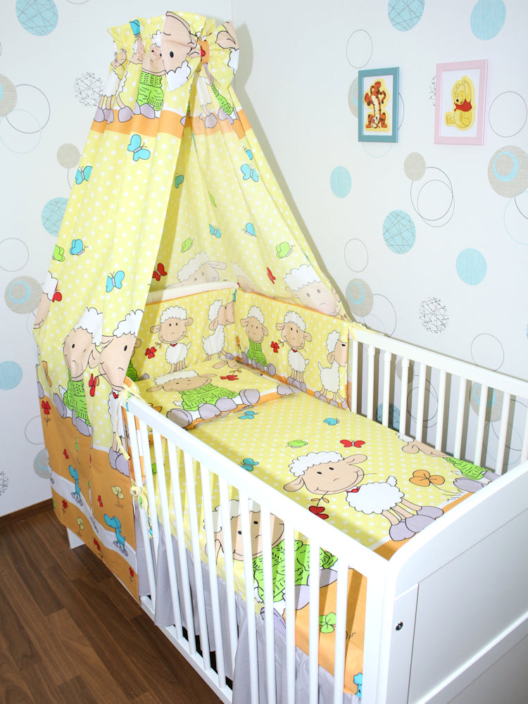 Baby Bettset - Schaf in Gelb - 5-11 teilig mit Vollstoff Himmel