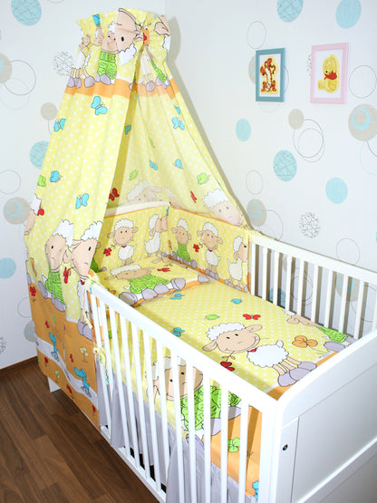 Baby Bettset - Schaf in Gelb - 5-11 teilig mit Vollstoff Himmel
