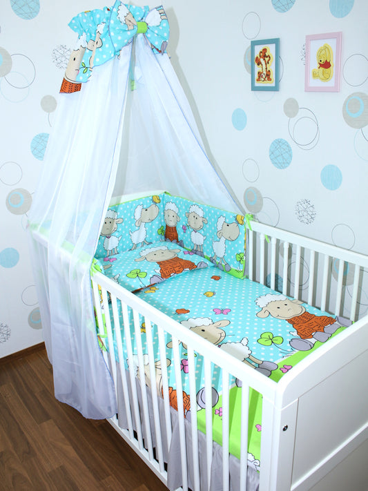 Baby Bettset - Schaf in Türkis - 5-11 teilig mit Chiffon Himmel