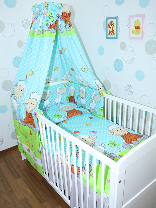 Baby Bettset - Schaf in Türkis - 5-11 teilig mit Vollstoff Himmel