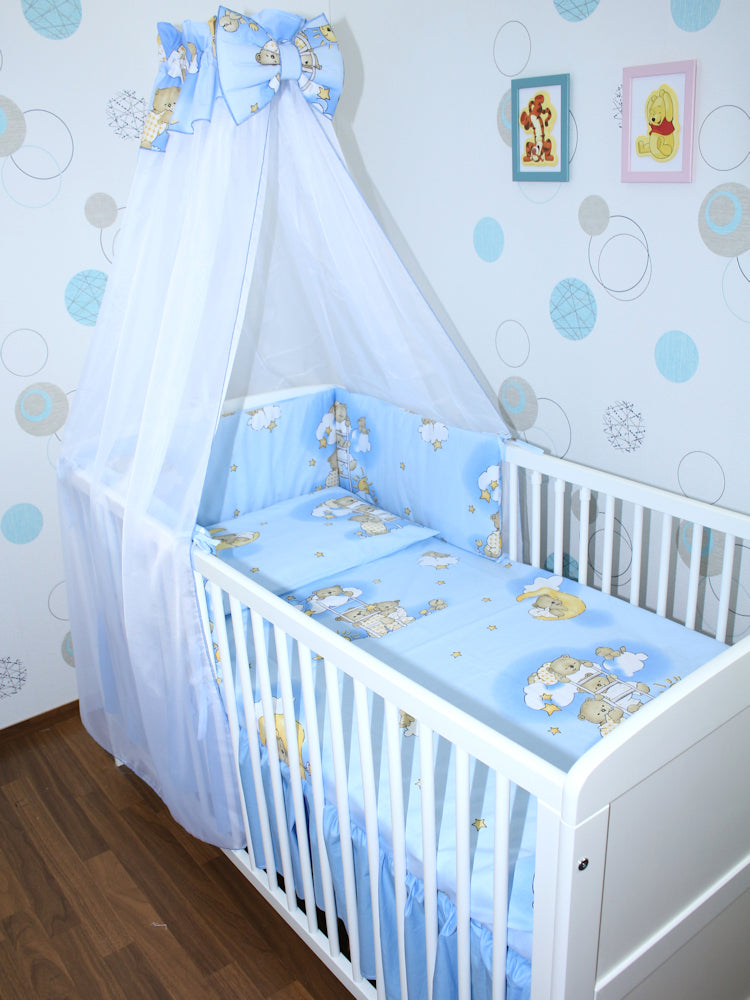 Baby Bettset - Bärchen auf Leitern Blau- 5-11 teilig mit Chiffon Himmel