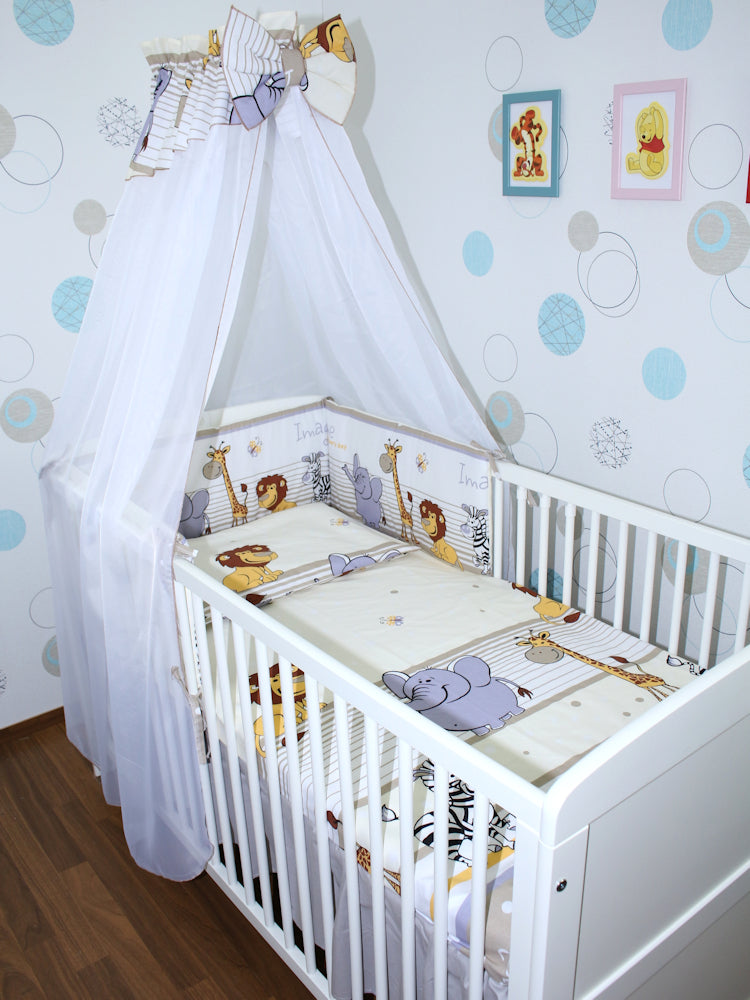 Baby Bettset - Safari in Beige- 5-11 teilig mit Chiffon Himmel