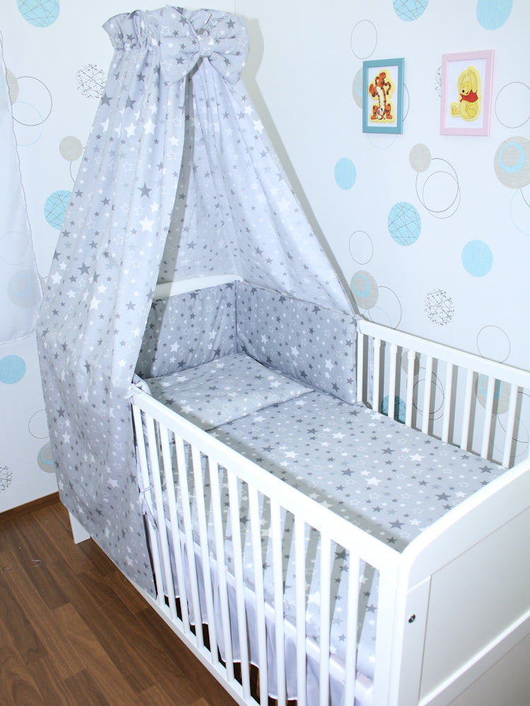 Baby Bettset - Star Dunkel - 5-11 teilig mit Vollstoff Himmel