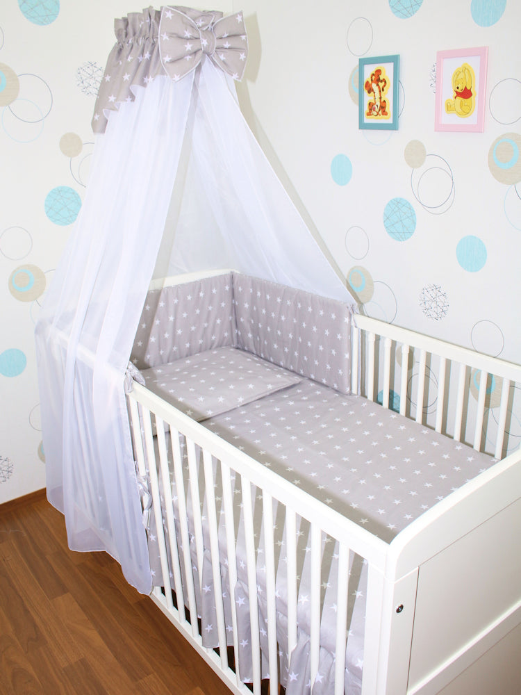 Baby Bettset - Sternchen auf Grau- 5-11 teilig mit Chiffon Himmel