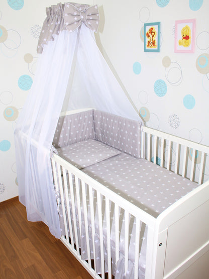 Baby Bettset - Sternchen auf Grau- 5-11 teilig mit Chiffon Himmel