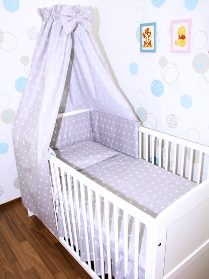 Baby Bettset - Sternchen auf Grau - 5-11 teilig mit Vollstoff Himmel