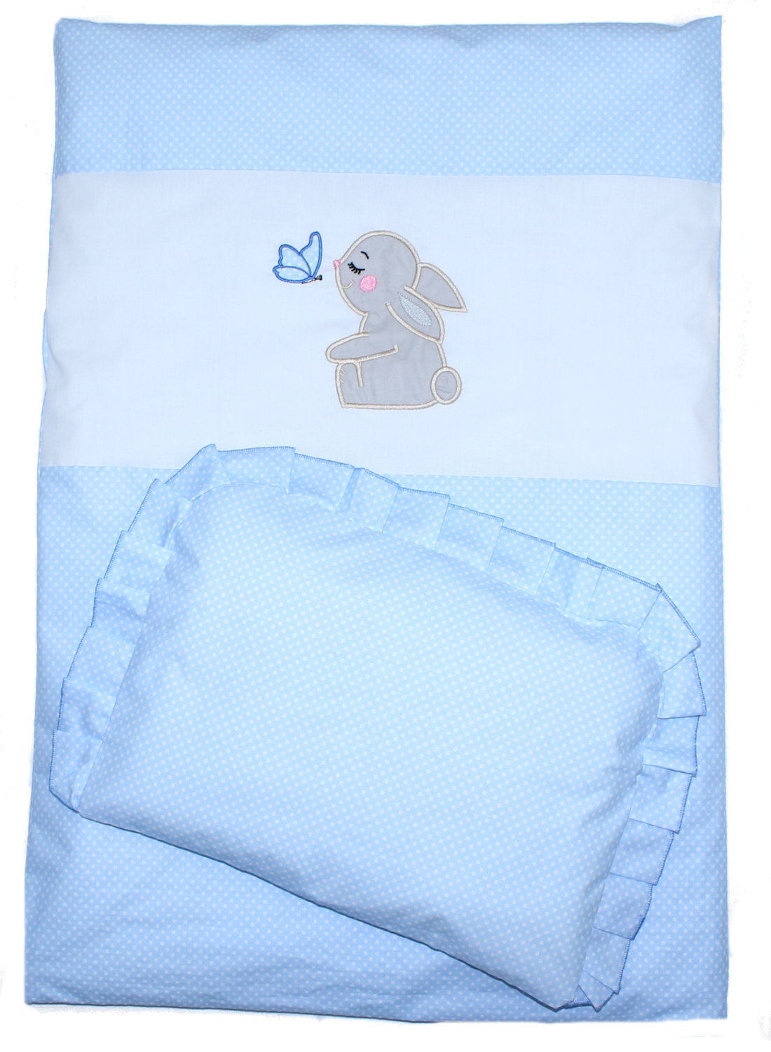 2- 4tlg Kinderwagenset - Hase- Punkten Blau - Bettwäsche für Kinderwagen Bezüge Decke Kissen