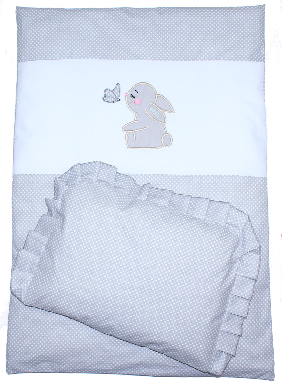 2- 4tlg Kinderwagenset - Hase- Punkten Grau - Bettwäsche für Kinderwagen Bezüge Decke Kissen