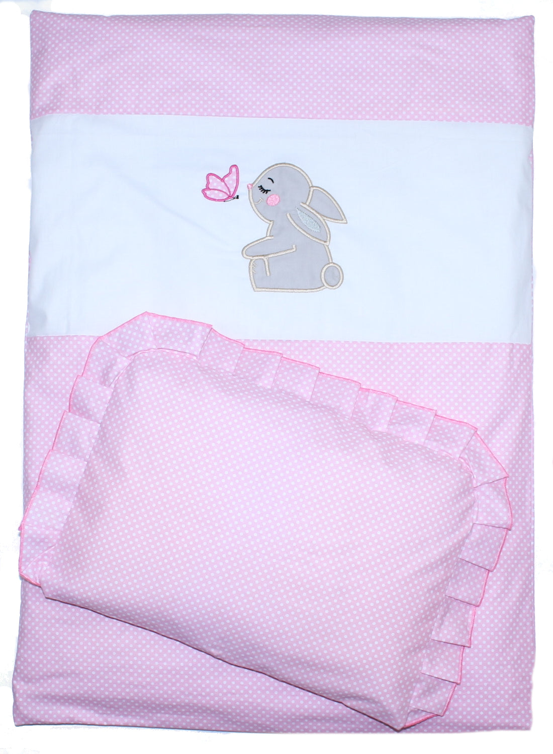 2- 4tlg Kinderwagenset - Hase- Punkten Rosa - Bettwäsche für Kinderwagen Bezüge Decke Kissen