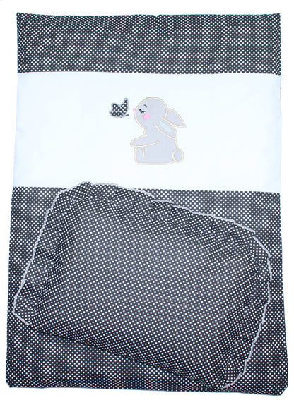 2- 4tlg Kinderwagenset - Hase- Punkten Schwarz - Bettwäsche für Kinderwagen Bezüge Decke Kissen