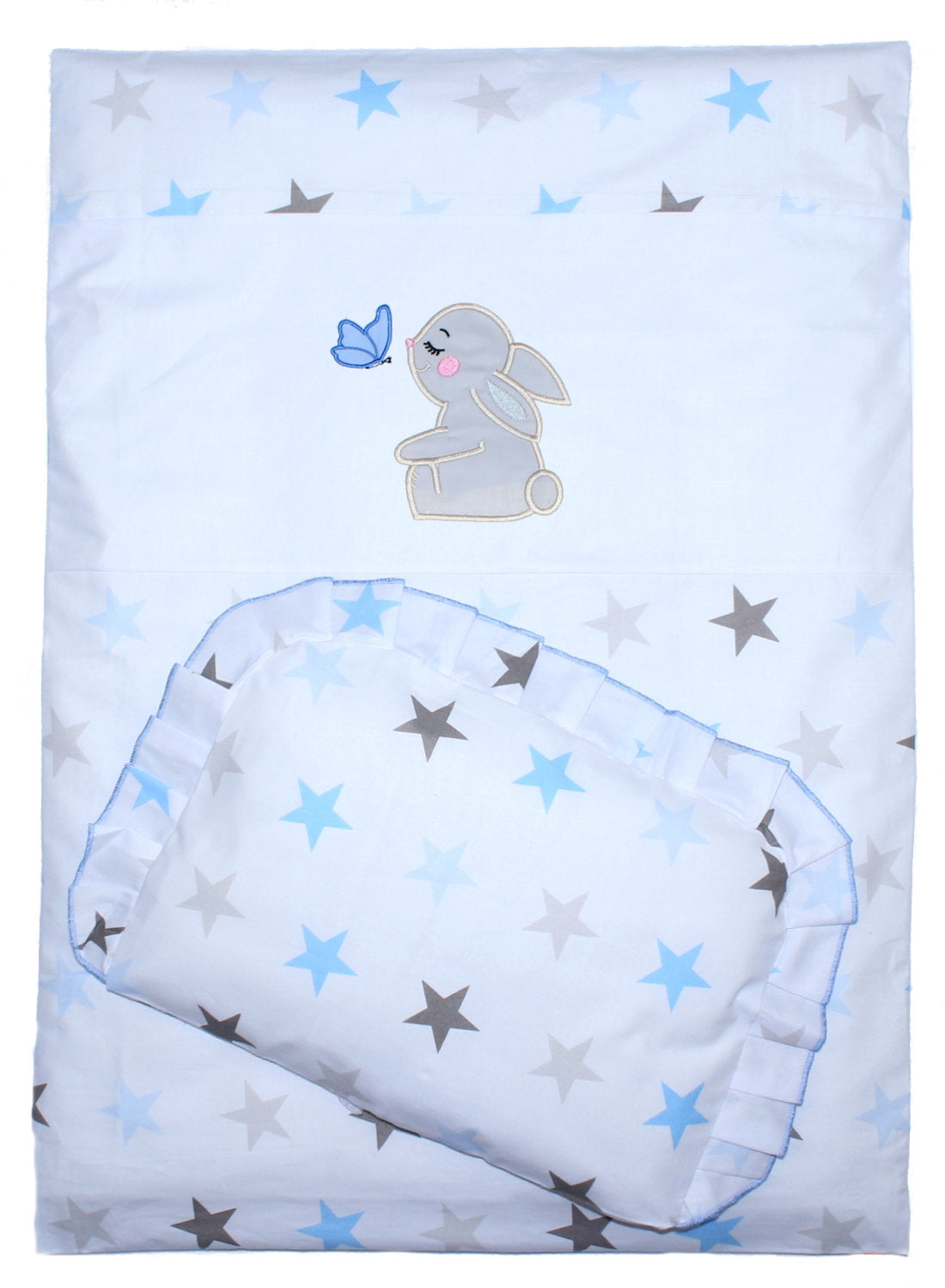2- 4tlg Kinderwagenset - Hase- Star Blau - Bettwäsche für Kinderwagen Bezüge Decke Kissen