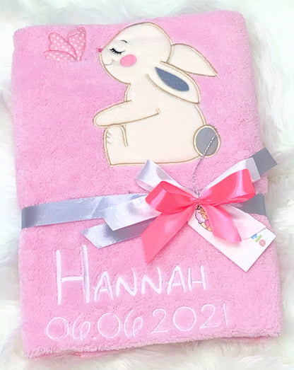 Babydecke mit Namen bestickt -Hase- Rosa- Kuscheldecke