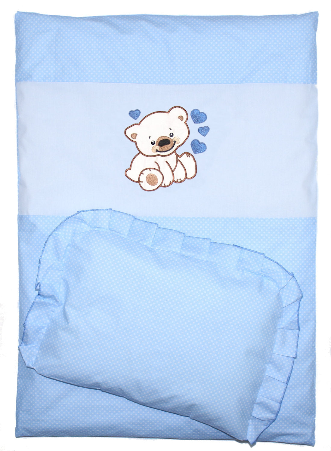 2- 4tlg Kinderwagenset - Bärchen mit Herzen - Punkten Blau- Bettwäsche für Kinderwagen Bezüge Decke Kissen