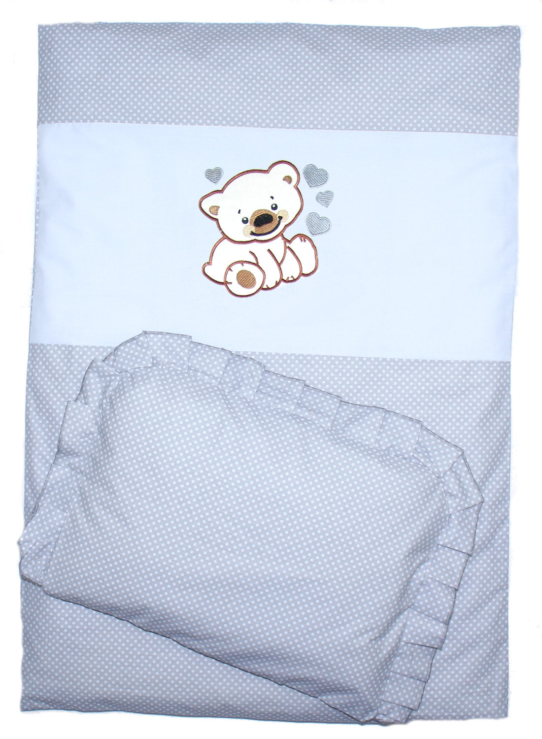 2- 4tlg Kinderwagenset - Bärchen mit Herzen - Punkten Grau- Bettwäsche für Kinderwagen Bezüge Decke Kissen