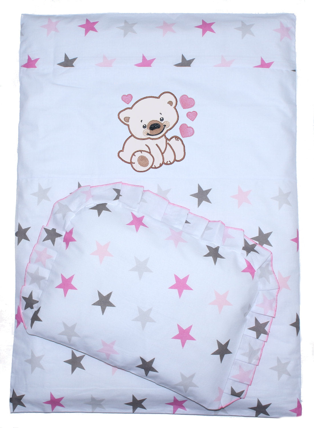 2- 4tlg Kinderwagenset - Bärchen mit Herzen - Star Rosa- Bettwäsche für Kinderwagen Bezüge Decke Kissen
