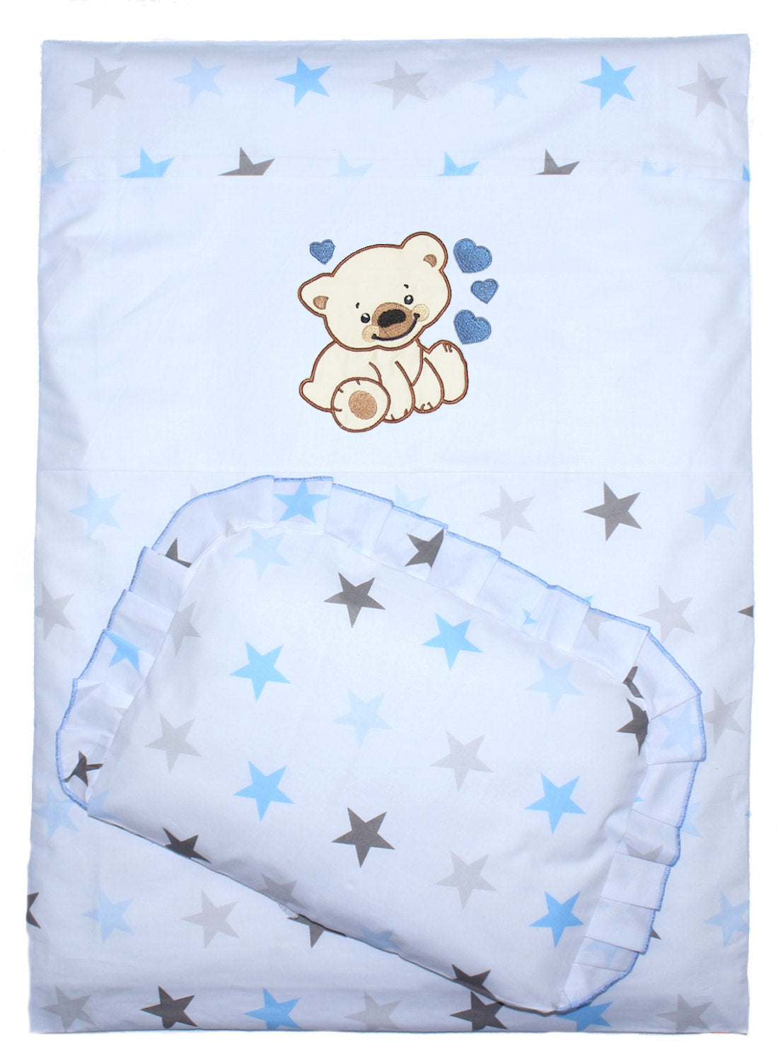 2- 4tlg Kinderwagenset - Bärchen mit Herzen - Star Blau- Bettwäsche für Kinderwagen Bezüge Decke Kissen