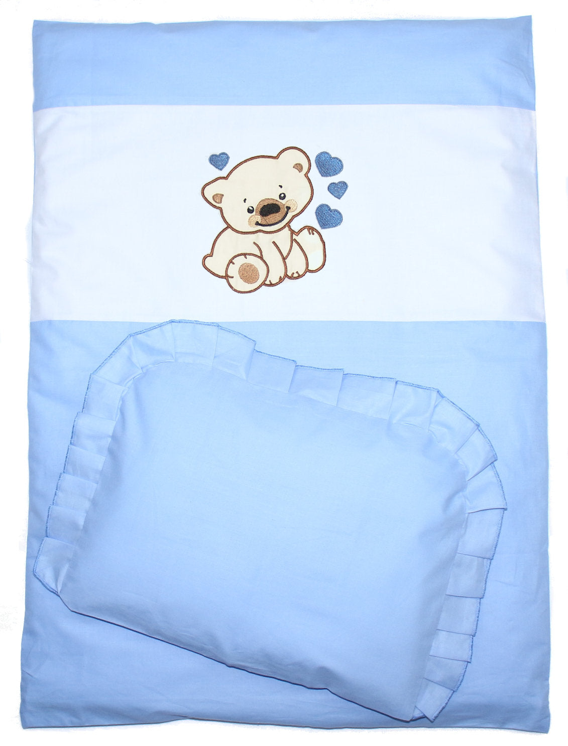 2- 4tlg Kinderwagenset - Bärchen mit Herzen - Blau - Bettwäsche für Kinderwagen Bezüge Decke Kissen
