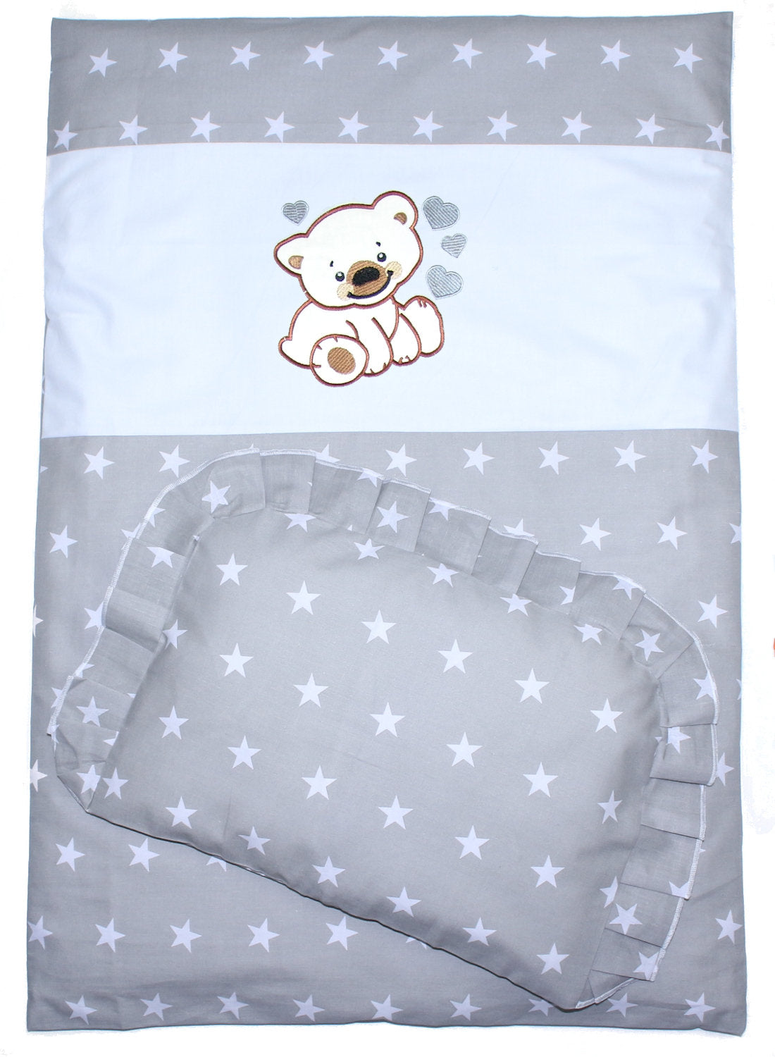 2- 4tlg Kinderwagenset - Bärchen mit Herzen - Sterne auf Grau - Bettwäsche für Kinderwagen Bezüge Decke Kissen