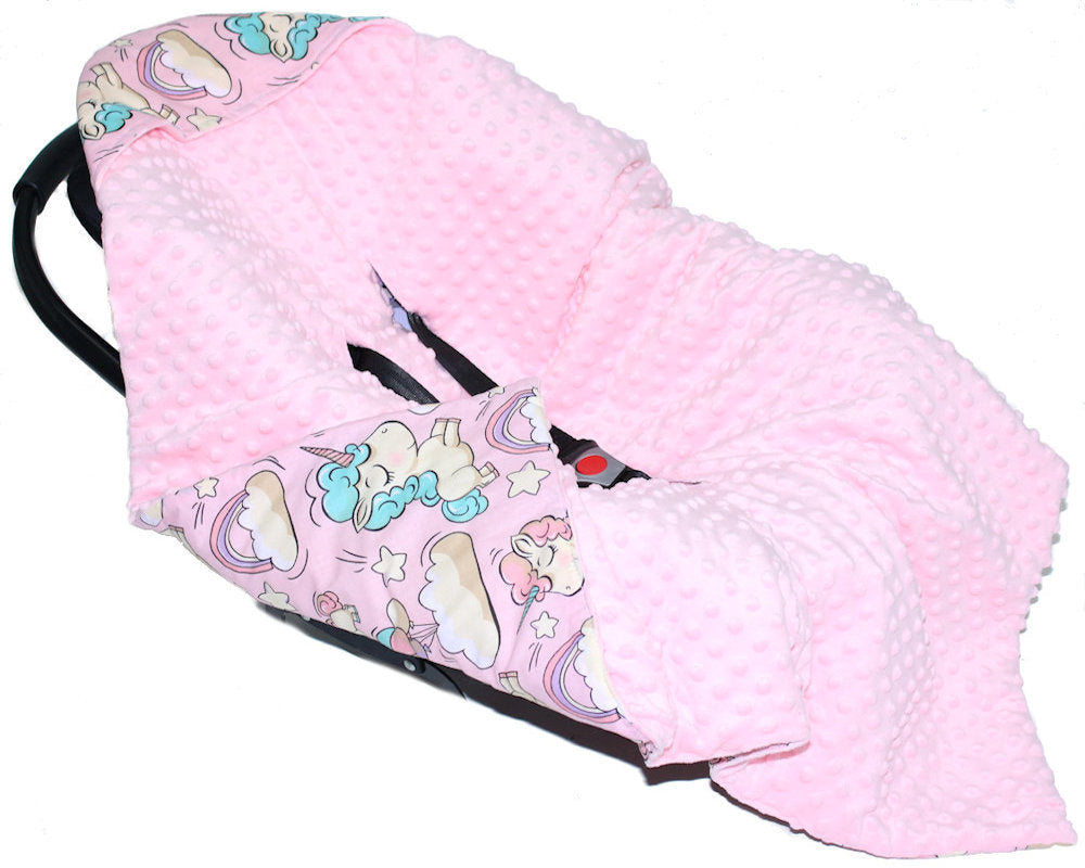 Baby Einschlagdecke MINKY - Einhorn + Rosa- mit Kapuze 85x85cm Babyschale Decke