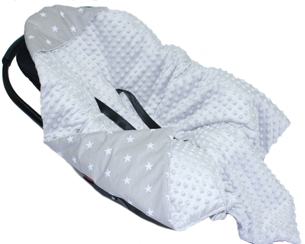 Baby Einschlagdecke MINKY - Sternchen auf Grau + Grau- mit Kapuze 85x85cm Babyschale Decke