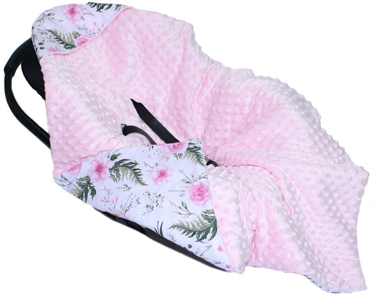 Baby Einschlagdecke MINKY - Flowers + Rosa- mit Kapuze 85x85cm Babyschale Decke