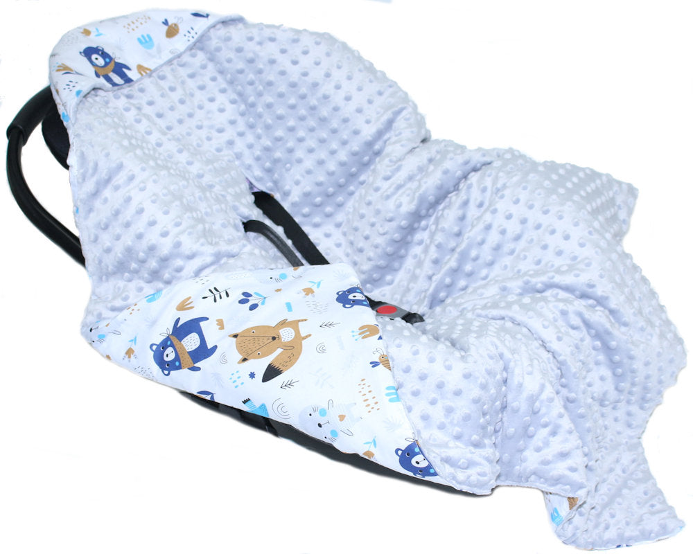 Baby Einschlagdecke MINKY - Waldtiere + Grau- mit Kapuze 85x85cm Babyschale Decke