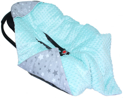 Baby Einschlagdecke MINKY - Star Dunkel + Minze- mit Kapuze 85x85cm Babyschale Decke