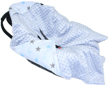 Lade das Bild in den Galerie-Viewer, Baby Einschlagdecke MINKY - Star Blau + Grau- mit Kapuze 85x85cm Babyschale Decke
