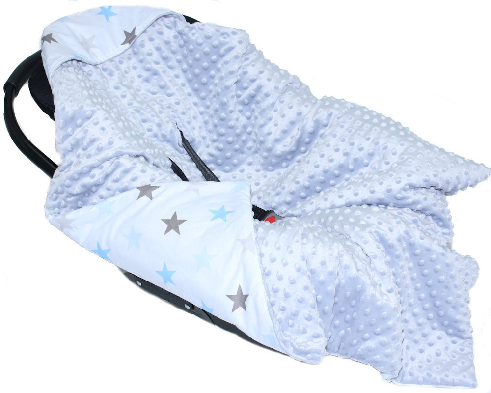 Baby Einschlagdecke MINKY - Star Blau + Grau- mit Kapuze 85x85cm Babyschale Decke