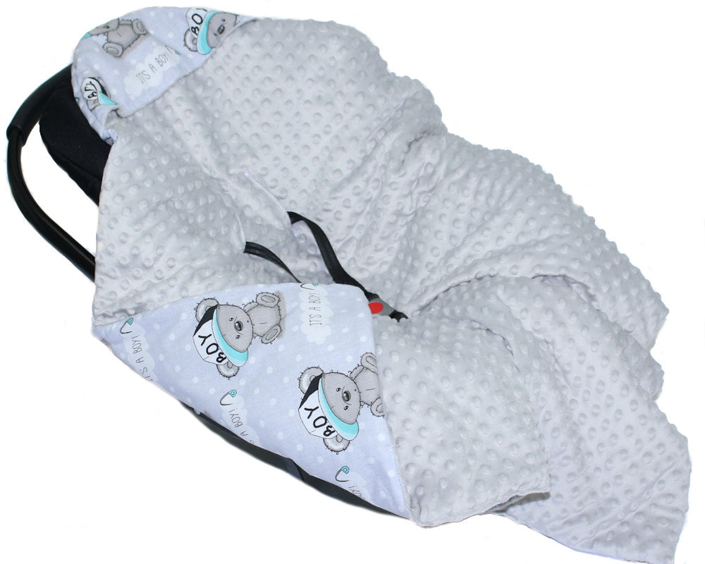 Baby Einschlagdecke MINKY - Boy + Grau- mit Kapuze 85x85cm Babyschale Decke