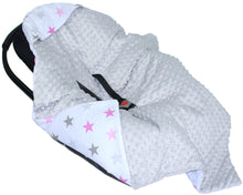 Lade das Bild in den Galerie-Viewer, Baby Einschlagdecke MINKY - Star Rosa + Grau- mit Kapuze 85x85cm Babyschale Decke
