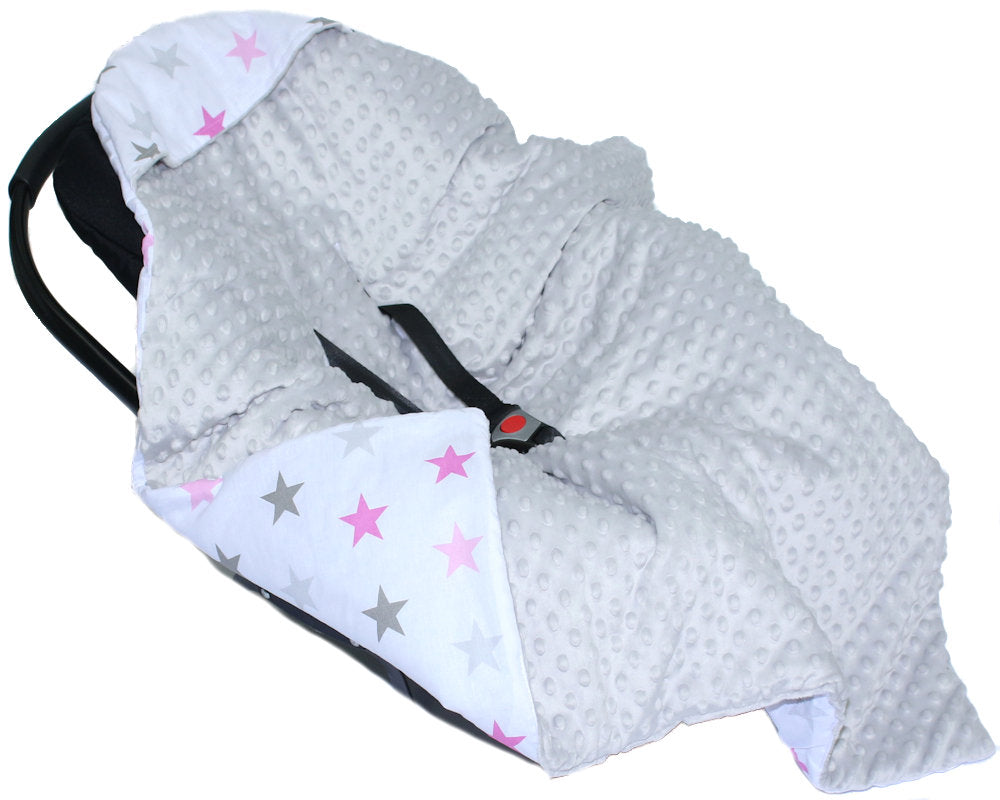 Baby Einschlagdecke MINKY - Star Rosa + Grau- mit Kapuze 85x85cm Babyschale Decke